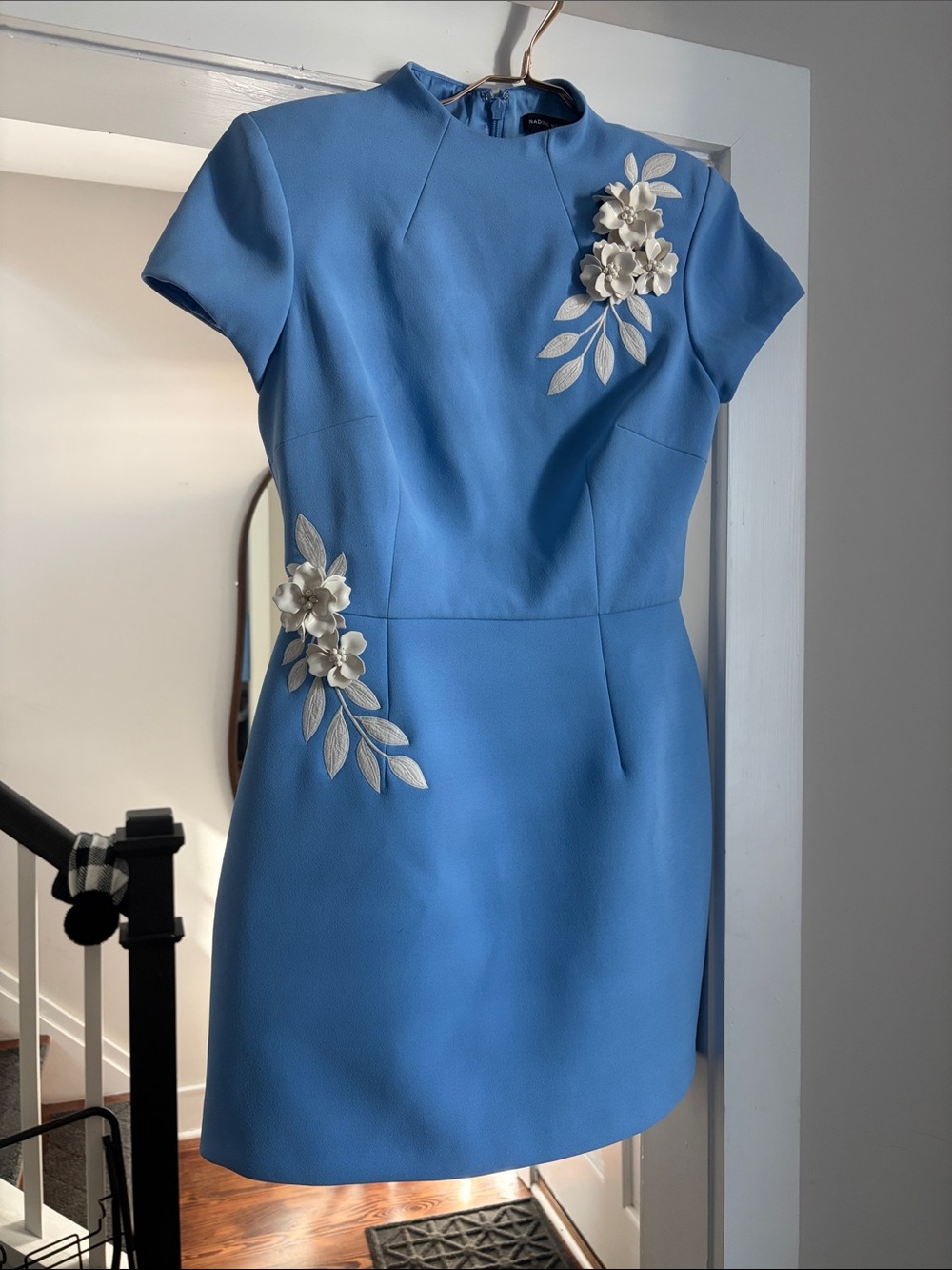 Nadine Merabi Sky Blue Floral Appliqué Sheath Dress
